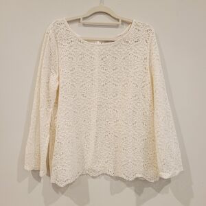 Loft Cream Lace Gold Button Back Scalloped Trim Blouse